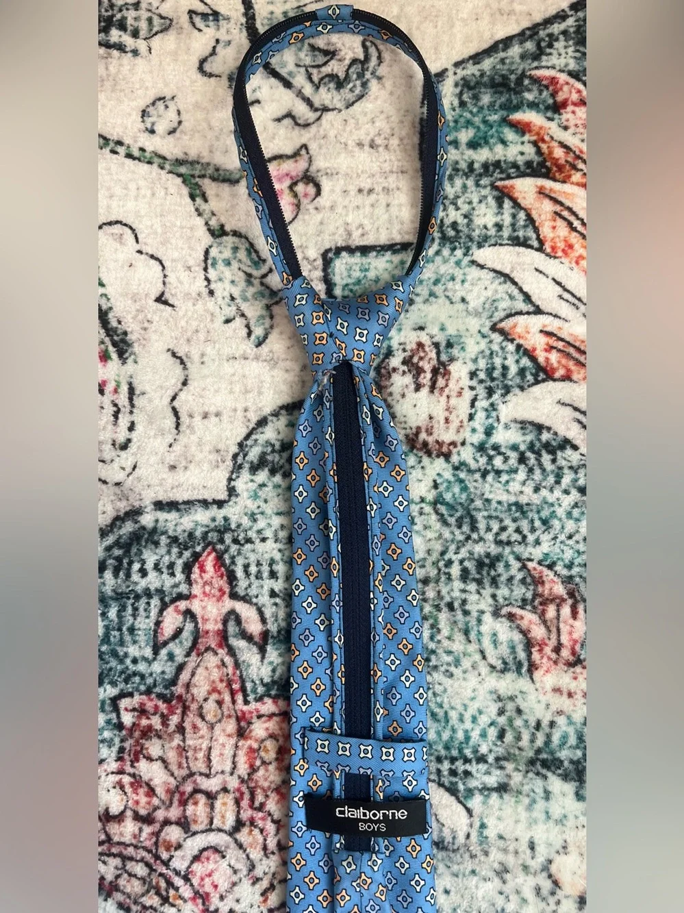Vintage 90s Claiborne Boys Blue Geometric 100% Silk Pre-Tied Zipper Necktie 👔